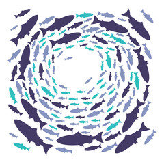 Fototapeta na wymiar Set silhouettes of groups of sea fishes. Colony of small fish. Icon with river taxers. A group of silhouette fish swim in a circle. Marine life - Vector
