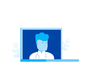Concept online medical consultation and support. Online doctor on screen laptop. Modern flat style vector illustration