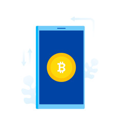 Bitcoin coin on phone screen, flat cartoon design concept of cryptocurrency mining, bitcoin electronic money wallet, e-wallet cash. Modern flat style vector illustration