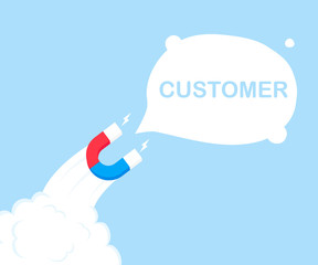 A marketing magnet in the form of a rocket attracting new customer! Successful business. Modern flat style vector illustration