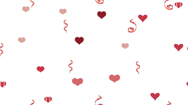 Flying Red confetti. Vector Seamless Pattern on a White Background. Element of packaging, textiles, wallpaper, banner, printing. Bright Pattern of Hearts and Serpentine.