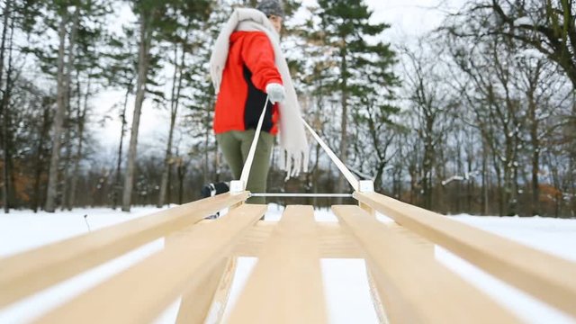 Rear view of girl pull the sledge. Winter activity, sledding, christmas