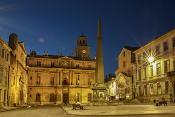 Fototapeta na wymiar The square with the town hall and obelisk in the city of Arles. Provence. France.