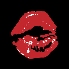 The imprint of a kiss of red lipstick close-up on a black background.