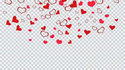 Red on Transparent background Vector. Red hearts of confetti are flying. Romantic background. A sample of wallpaper design, textiles, packaging, printing, holiday invitation for Valentine's Day.