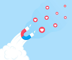 Social media concept. A magnet in the form of a rocket attracting likes. Modern flat style vector illustration