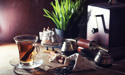 Brewing tea on a wooden table