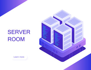 Concept of server room. Hosting with cloud data storage and server room. Server rack. Modern Vector illustration in Isometric style