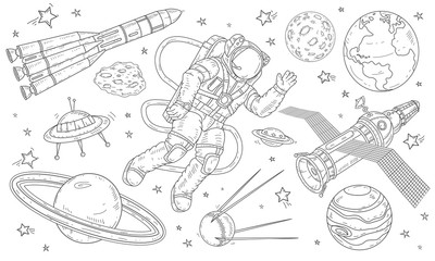 Vector illustration astronaut flying in space among the planets, satellites and missiles.