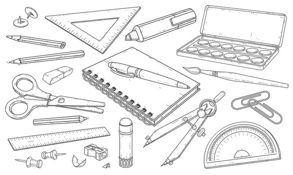 stationery, art materials, line drawing pens and pencils, drawn vector illustration