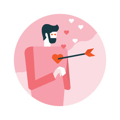 Man falling in love with Cupid arrow. Happy valentine's day. flat icons design. vector illustration