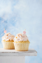 Valentine Day cupcakes decorated with sweet hearts.