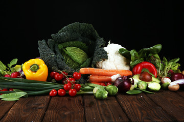 Composition with variety of raw organic vegetables and fruits. Balanced diet