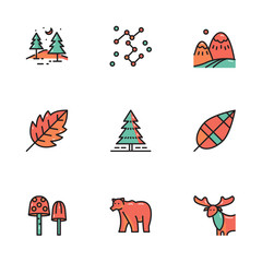 Camping and outdoor background, nature, wildlife and landscape. flat thin line icons design. vector illustration