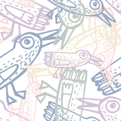 Vector design with stylized birds.Seamless pattern with Stylised birds,hand-drawn, scanned and translated into a vector