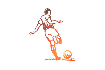 Football player, soccer, goal, kick concept. Hand drawn isolated vector.