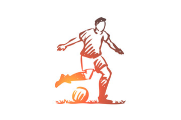 Fototapeta na wymiar Football player, soccer, goal, kick concept. Hand drawn isolated vector.