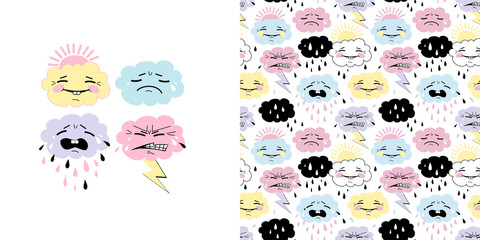 Cute weather set. Emotional weather forecast seamless pattern. Cute funny clouds with sun rain lightning. Perfect for baby nursery fashion fabric print