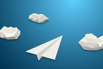 Paper plane flying in the cloudy sky, vector background, low poly style