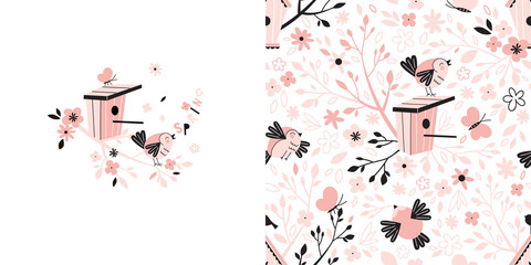 Graphic set with illustration and seamless pattern of spring cute bird singing on branch and birdhouse. Creative birdy background. Perfect for kids apparel, fabric, textile, nursery decoration