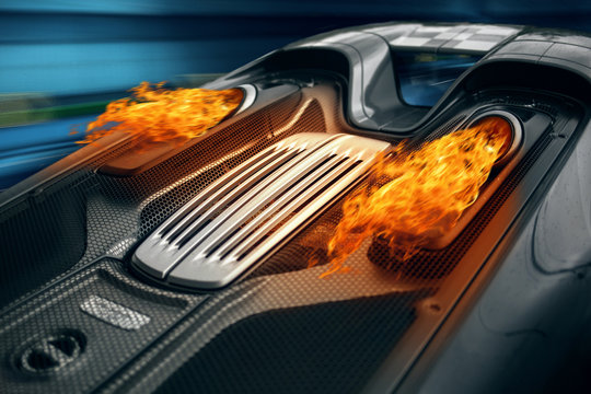 Supercar engine exhaust with a fire flame. Car ride fast with afterburn 