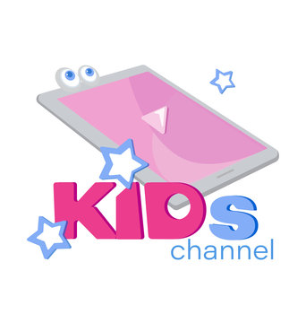Emblem template for KIDs channel with the tablet. Flat design style. Image on white background. Fashionable children's shop, studio. The inscription for the video channel, blog.
