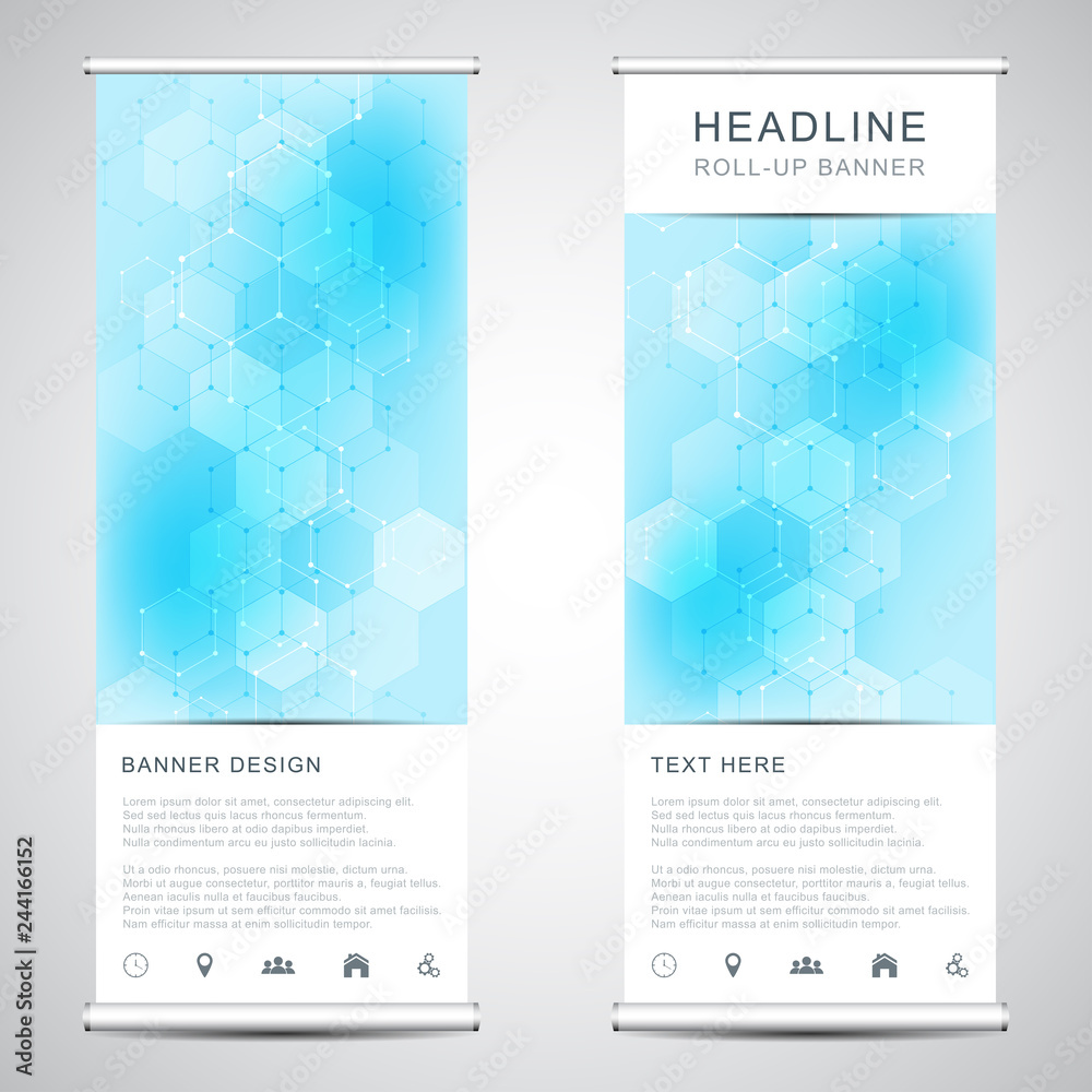 Wall mural roll up banner stands with abstract geometric background of hexagons pattern.