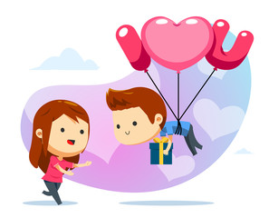 A floating boy with balloon and a girl ready to catch