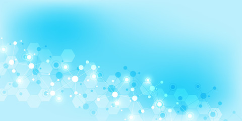 Abstract geometric texture with molecular structures and neural network. Molecules DNA and genetic research. Plexus background. Vector illustration for medical, scientific and technological design.