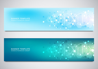 Banners and headers for site with DNA strand and molecular structure. Genetic engineering or laboratory research. Abstract geometric texture for medical, science and technology design.