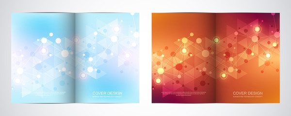 Fototapeta na wymiar Bi fold brochure template with science and technology background. Geometric texture with molecular structures and chemical engineering.