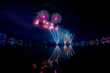 Beautiful fireworks at the lagoon udonthani thailand public park.