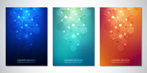 Vector template for cover or brochure, with molecules background and neural network. Abstract geometric background of connected lines and dots. Medical or scientific and technological concept.