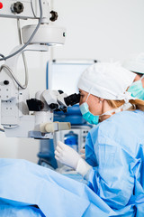 Naklejka na ściany i meble Eye surgery process, treatment of cataract and diopter correction. Surgical implementation of multifocal lens implants. Medical healthcare and technology theme.