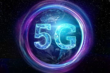 Creative background, the inscription 5G on the background of the globe. The concept of 5G network, high-speed mobile Internet, new generation networks. Copy space, Mixed media.