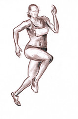 Fototapeta na wymiar Sportswoman runner - drawn pastel pencil graphic artistic illustration on paper