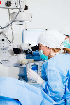 Eye Surgery Process, Treatment Of Cataract And Diopter Correction. Surgical Implementation Of Multifocal Lens Implants. Medical Healthcare And Technology Theme.