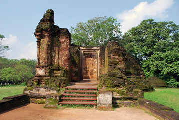 Ruins of a stone shrine in the Potgul Vihara monastery, Polonnaruwa, Sri Lanka