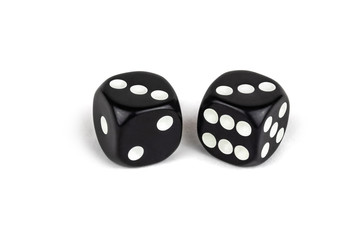 Two black dice isolated on a white background. Three and three.