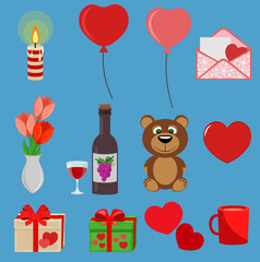 Set for Valentine's day: wine, flowers, balloons, toy bear, candle. Vector illustration.