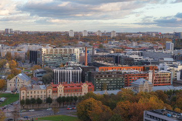 TALLINN, ESTONIA - OCTOBER 15, 2017: Aerial view of city Tallinn with Tallinn port and modern buildings around