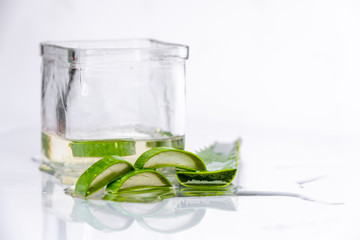 on white background isolated aloe vera leaves and freshly cut leaf slices