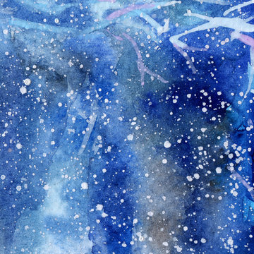 frost on the branches. trees in the snow. snowfall. snow. background. watercolor. winter