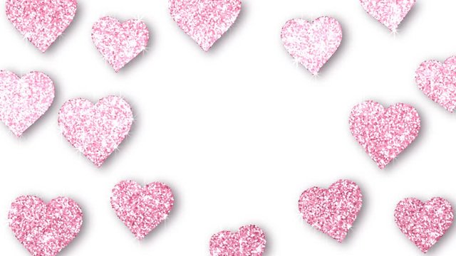 Pink shining hearts sparkle on the white background with place for text. Valentines Day holiday abstract loop animation.