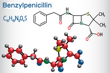 Benzylpenicillin (penicillin G) drug molecule. It is beta-lactam antibiotic. Structural chemical formula and molecule model
