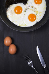 Fried eggs in a frying pan on a black surface
