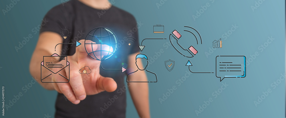 Poster businessman using thin line social network icons interface