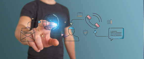 Businessman using thin line social network icons interface