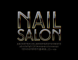 Vector stylish Emblem with text Nail Salon. Chic Black and Golden Font. Set of slim Alphabet Letters, Numbers and Symbols.