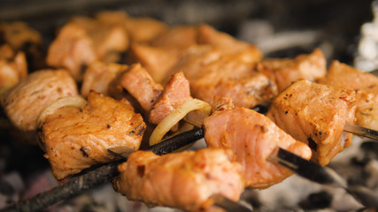 meat skewers on the barbecue coals. Barbecue in the open air. Shish kebab from pork on coals